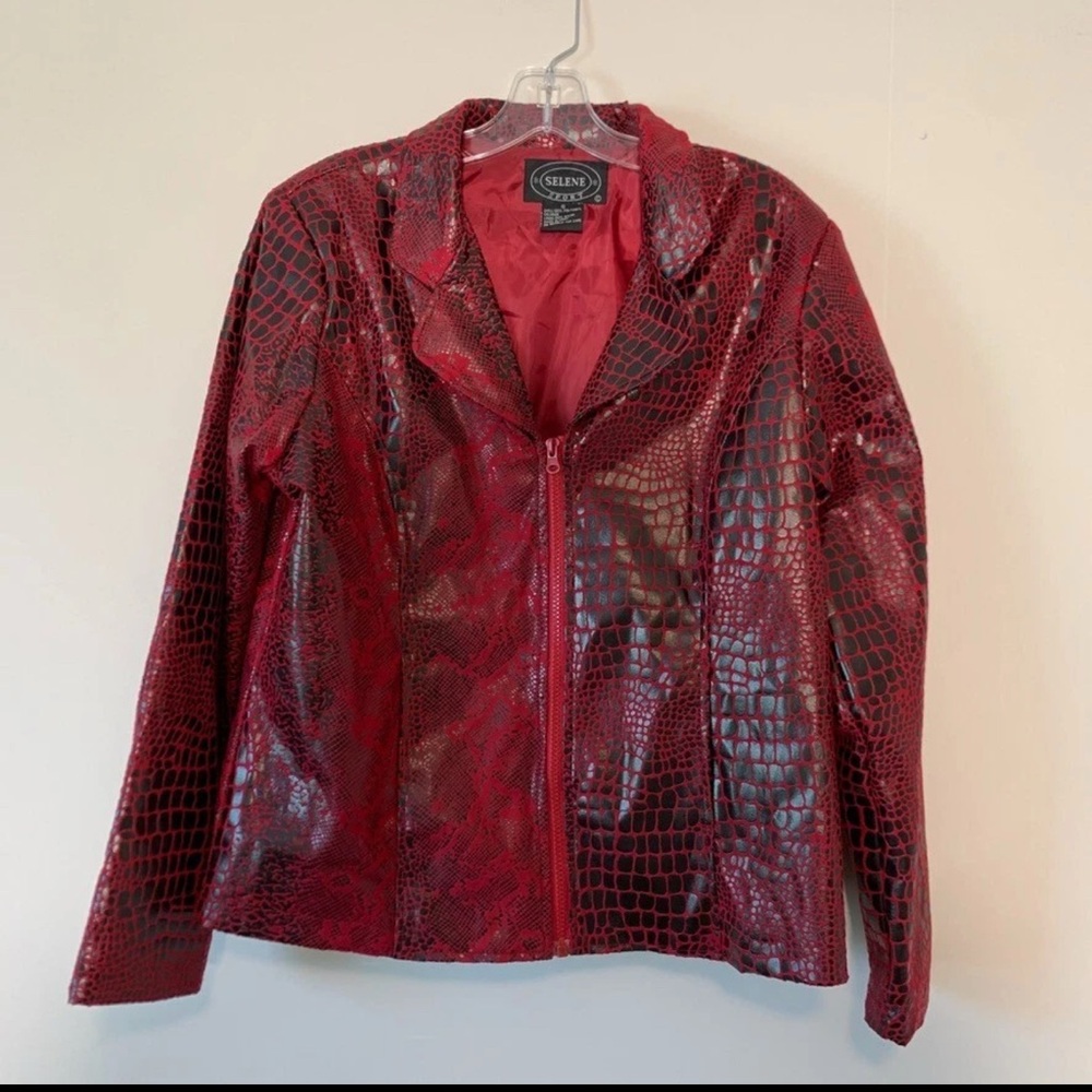 Vintage Selene Sport Snake Crocodile Print Faux Leather Biker Jacket Red Size 10